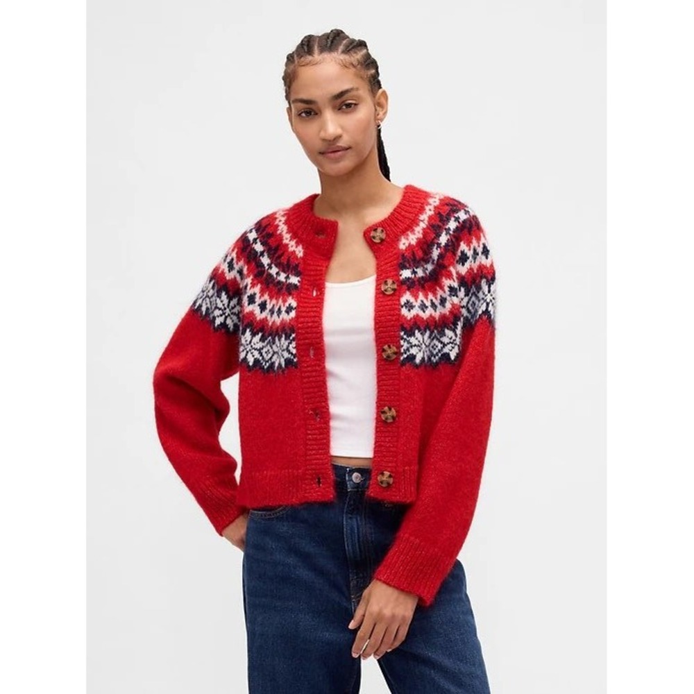 Gap Fair Isle Cardigan Women XS Red Wool Alpaca Blend Nordic Button Ski Cabin